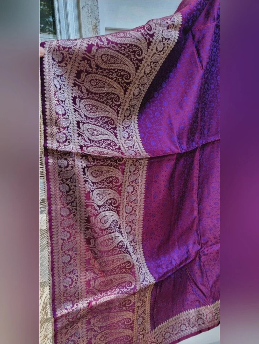 New J.Peterman shawl wrap purple mauve gold-tone shimmer rayon fringes $250